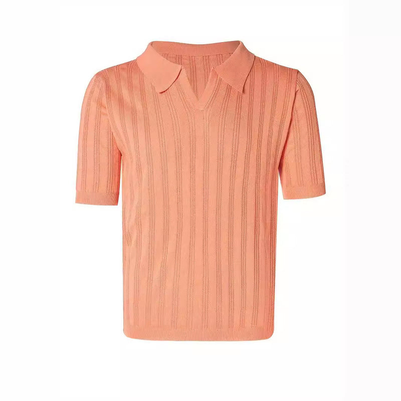 mens lapel solid color knitted short sleeve top, view 2 - MRSLM