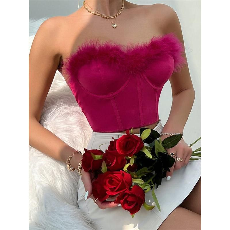 furry trim corset tube top, view 7 - MRSLM