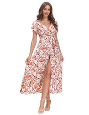 v-neck split bohemian print dress, view 15 - MRSLM