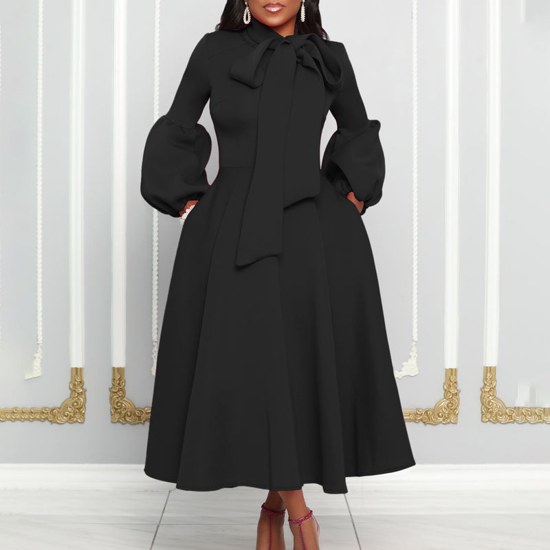 puff sleeve lace-up swing dress, view 2 - MRSLM