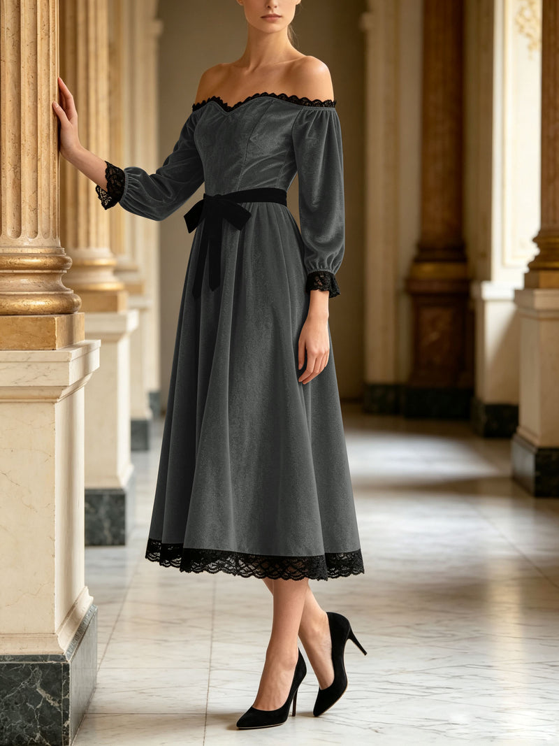 Off-shoulder velvet midi dress with lace trim and bow, view 6 - MRSLM