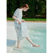 blue floral mid-calf dress, view 4 - MRSLM