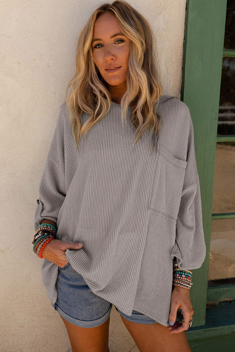 loose pocket ribbed long sleeve sweater, view 8 - MRSLM