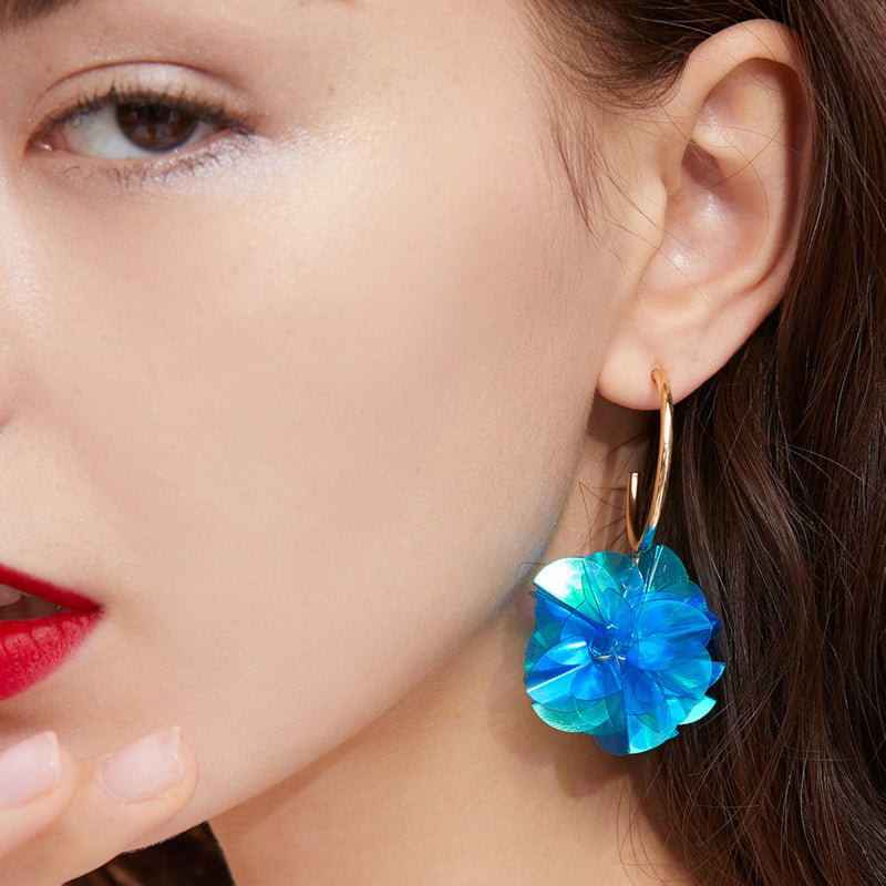 blue flower ball circle earrings, view 2 - MRSLM