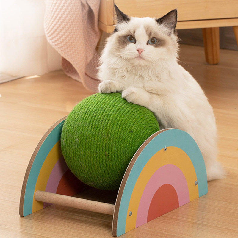 wooden sisal cat scratcher with green ball, view 3 - MRSLM