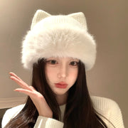 cat-ear knitted cotton hat, view 3 - MRSLM