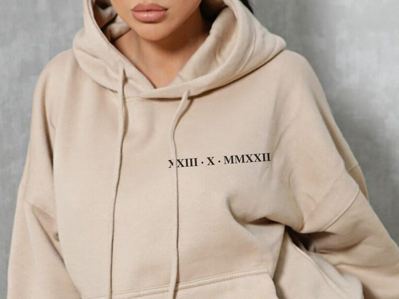 women's roman numeral print hoodie, view 2 - MRSLM