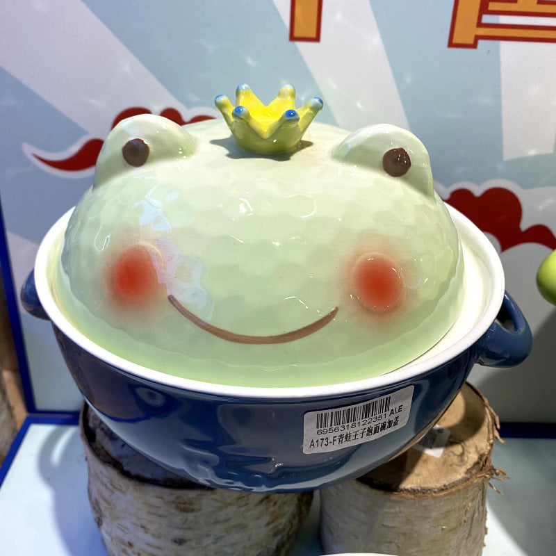 ceramic frog instant noodle bowl with lid, view 6 - MRSLM