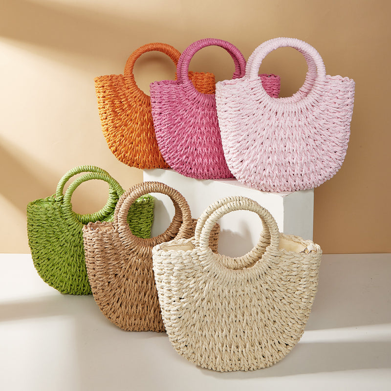 half moon straw woven beach shoulder bag, view 8 - MRSLM