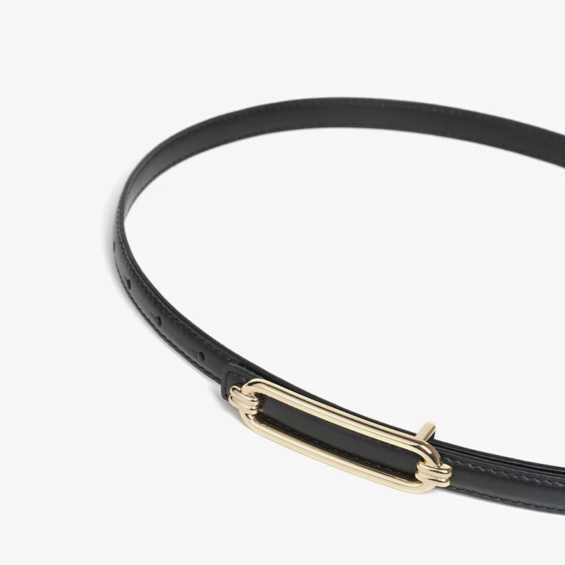 women's skinny leather belt with gold buckle, view 8 - MRSLM