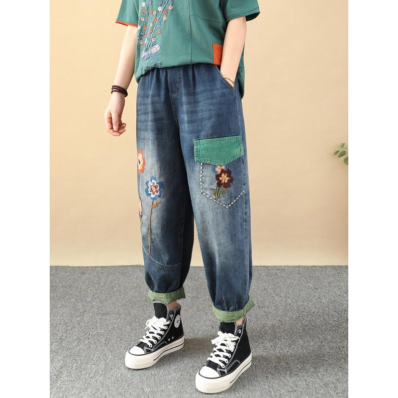 embroidered patchwork harem jeans, view 2 - MRSLM