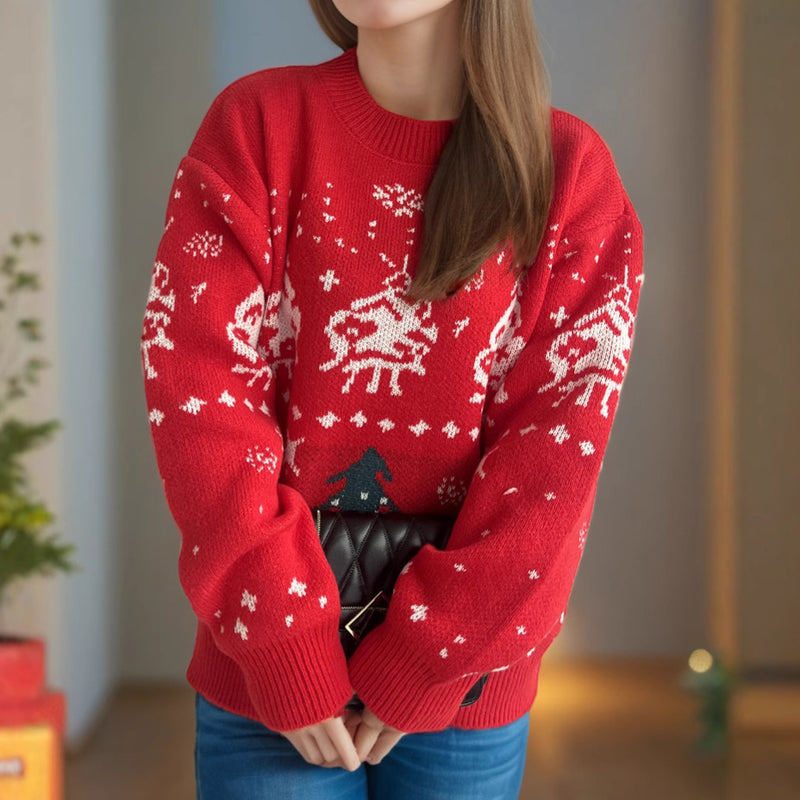 Women's red Nordic Christmas jacquard sweater, view 3 - MRSLM