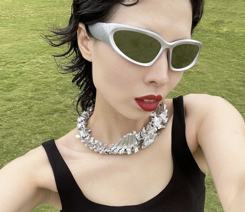 punk bone chain silver couple necklace, view 2 - MRSLM