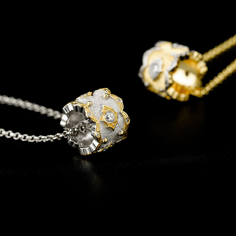 brushed silver zircon flower necklace, view 4 - MRSLM