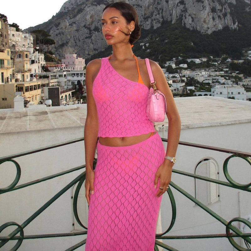 one-shoulder knit cami top and skirt set, view 9 - MRSLM