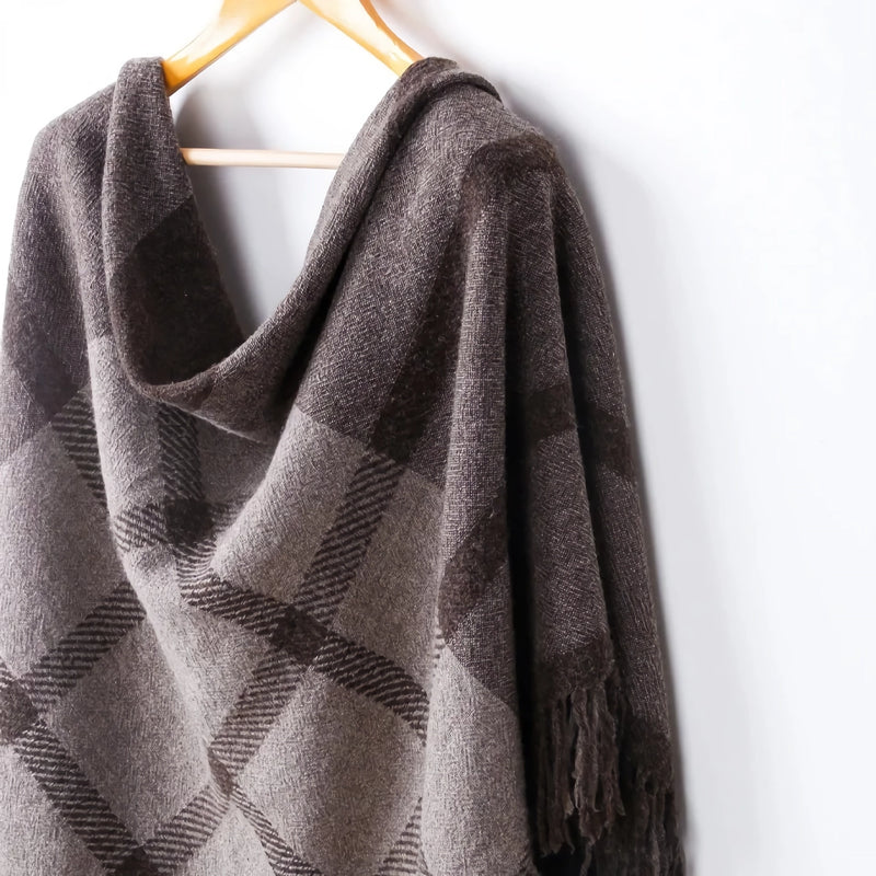 wool plaid scarf shawl in coffee beige, view 7 - MRSLM