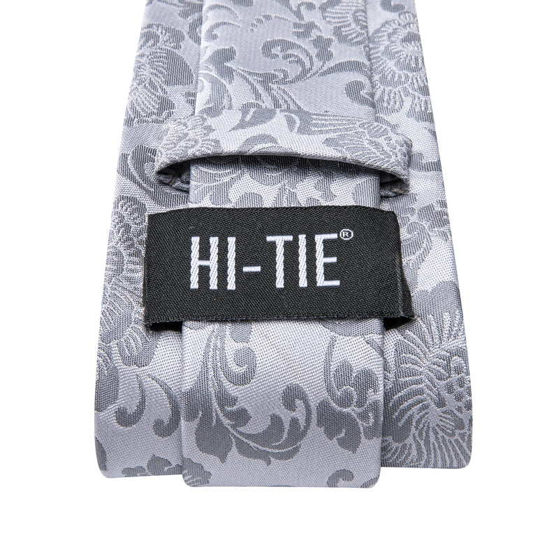 silver grey floral silk necktie set for men, view 6 - MRSLM