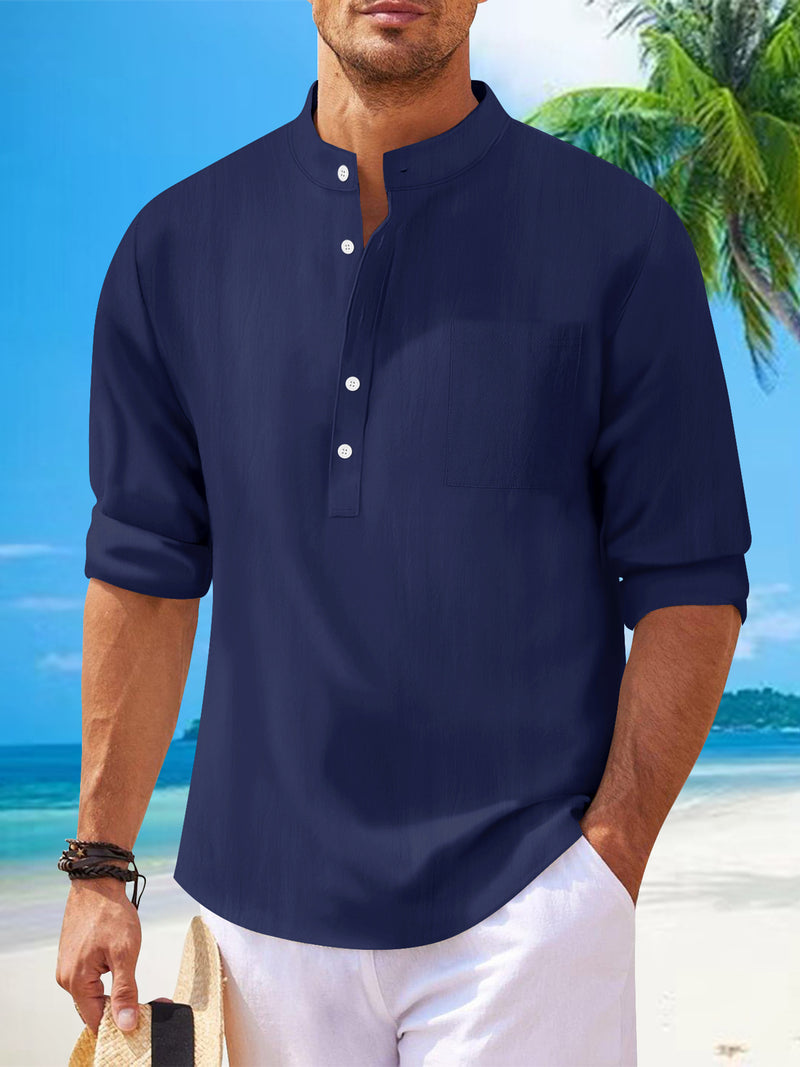 men's cotton stand collar long sleeve shirt, view 12 - MRSLM