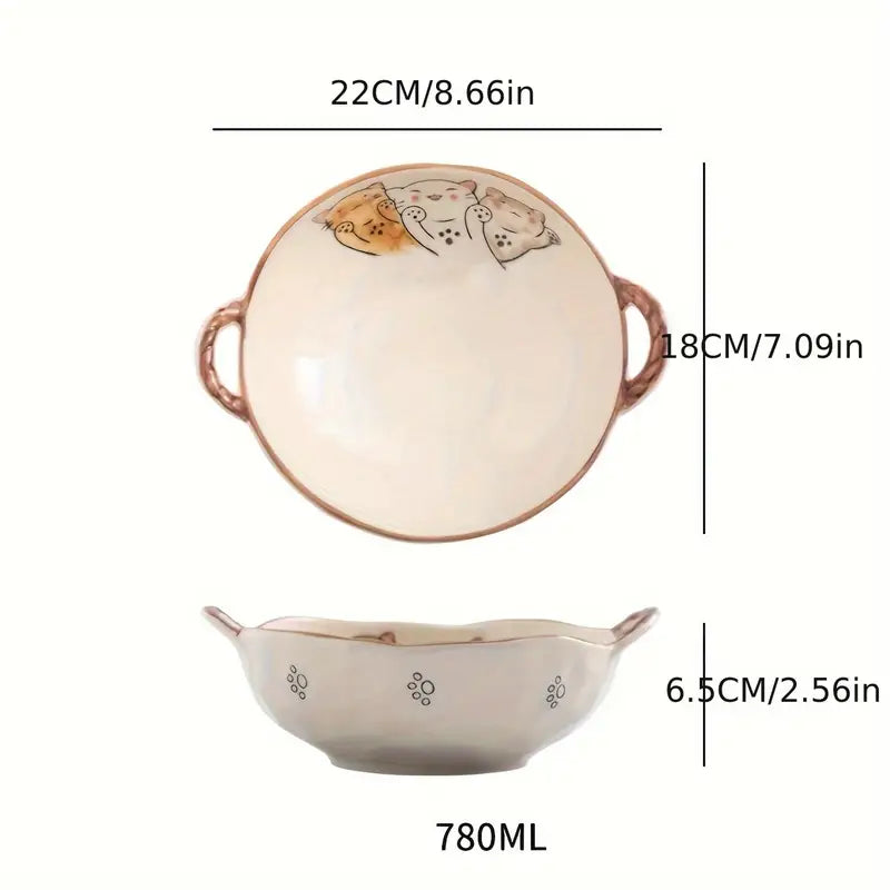 Cat design ceramic soup bowl with handle, view 3 - MRSLM