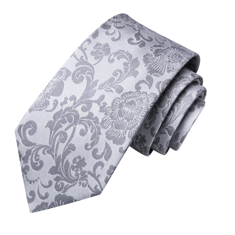 silver grey floral silk necktie set for men, view 4 - MRSLM