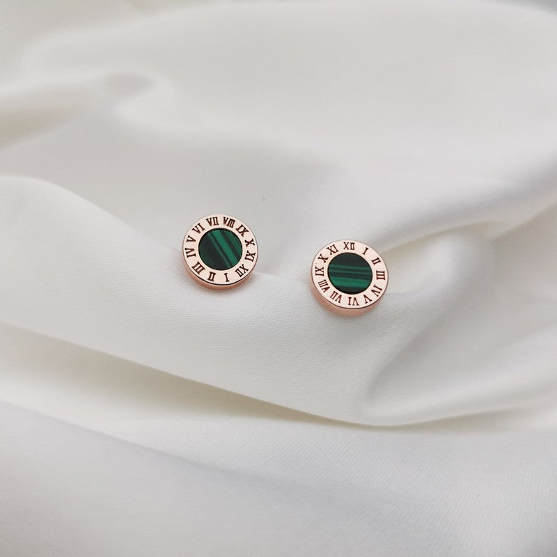 roman numeral malachite earrings, view 2 - MRSLM