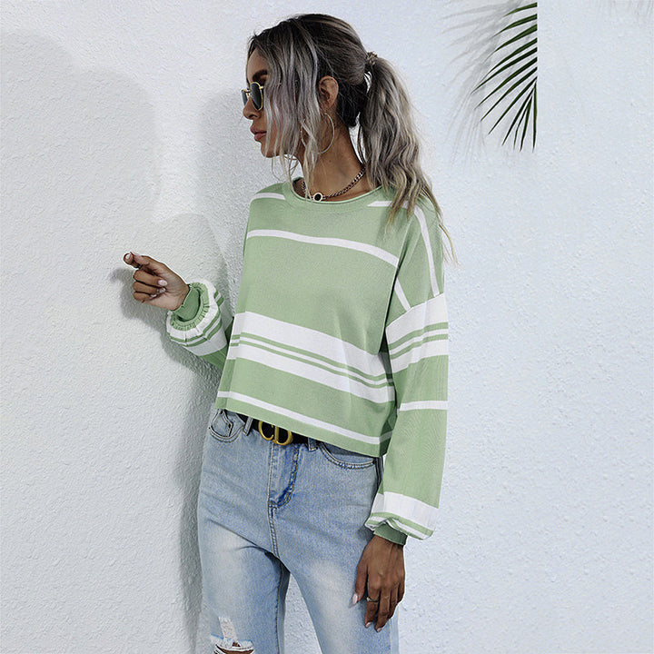 Crew-neck Striped Bottomed Knit Sweater For Women