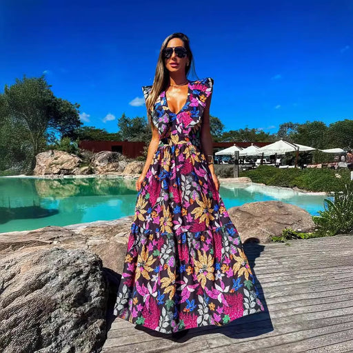 Printed deep V-neck sleeveless long dress - MRSLM