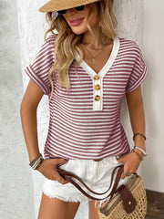 V-neck short sleeve knitted top with buttons, view 4 - MRSLM