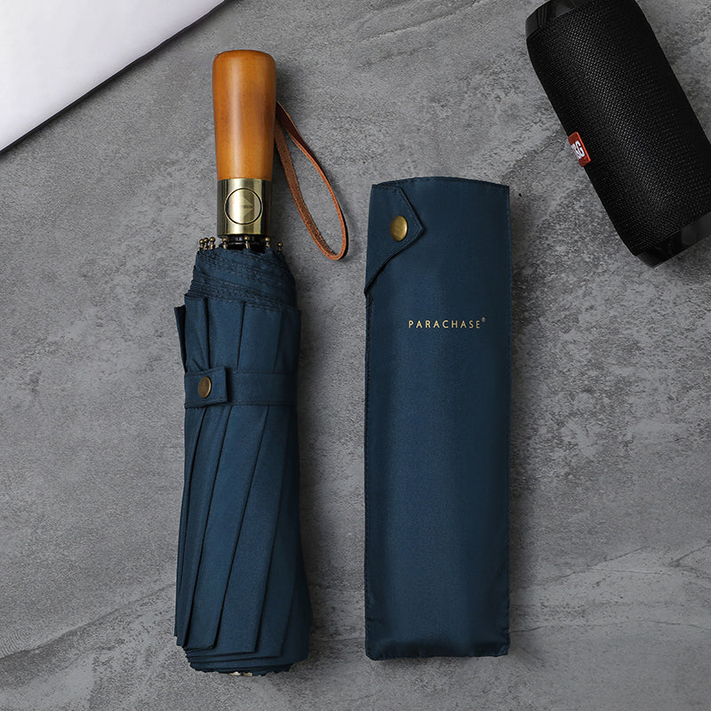 large automatic folding umbrella with wooden handle, view 3 - MRSLM