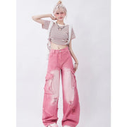 pink high waist wide leg jeans, view 3 - MRSLM