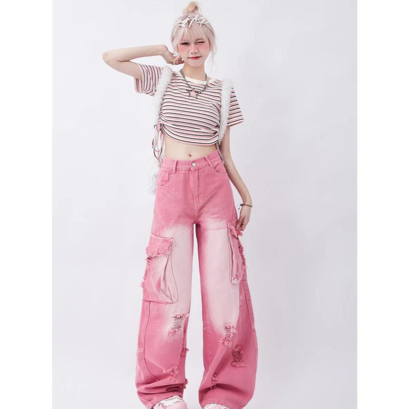 pink high waist wide leg jeans, view 3 - MRSLM