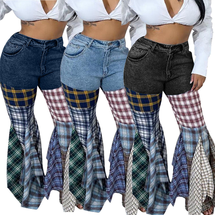 Women's Fashion Stitching Houndstooth Flared Denim Ruffled Trousers