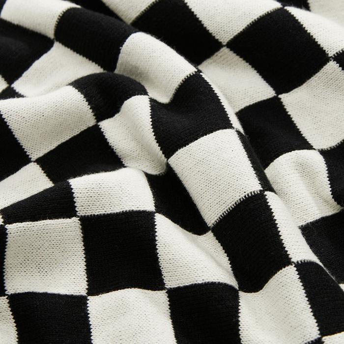 checkerboard plaid cotton knitted blanket, view 6 - MRSLM