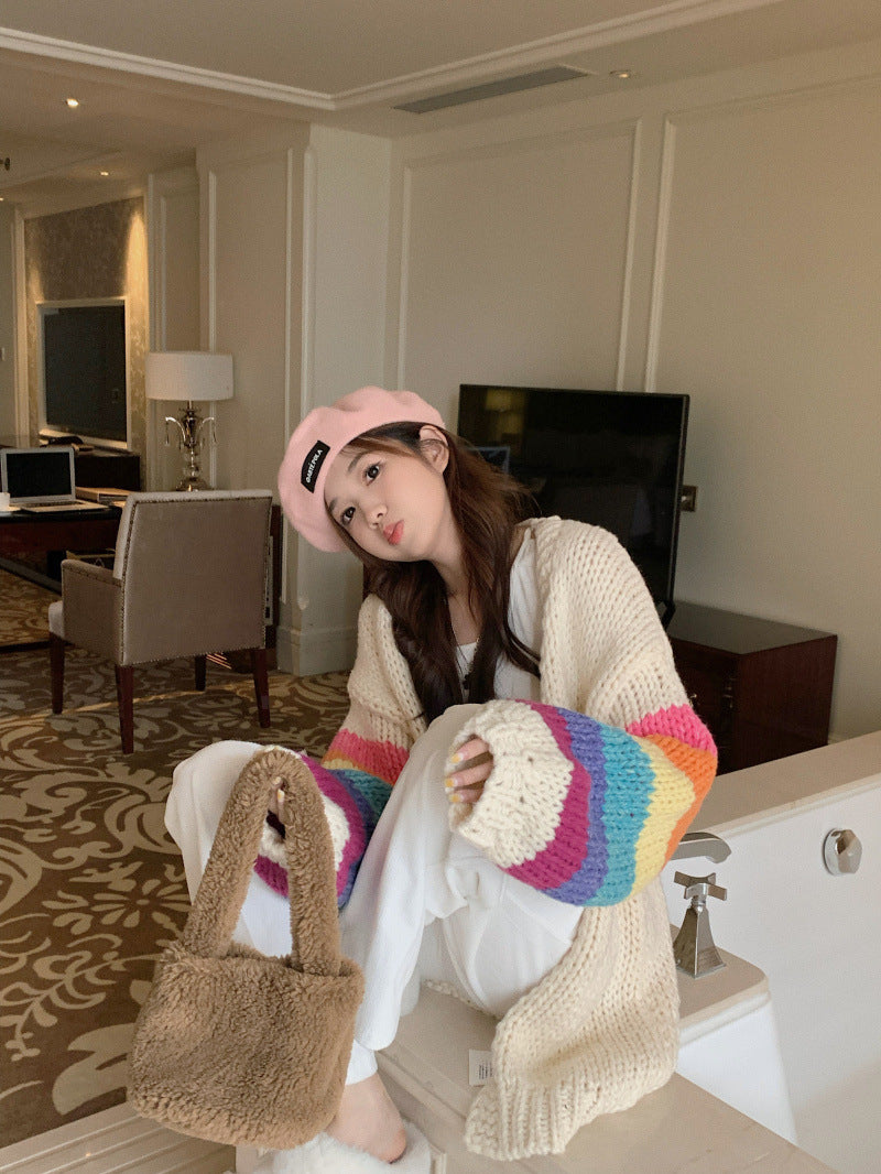 women's colorful spliced cardigan sweater coat, view 3 - MRSLM