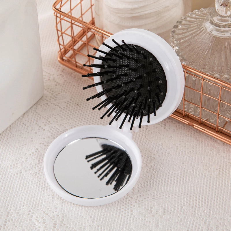 mini folding hairbrush with mirror, view 3 - MRSLM
