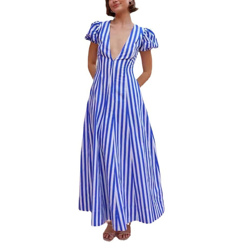 women's striped puff sleeve dress, view 6 - MRSLM