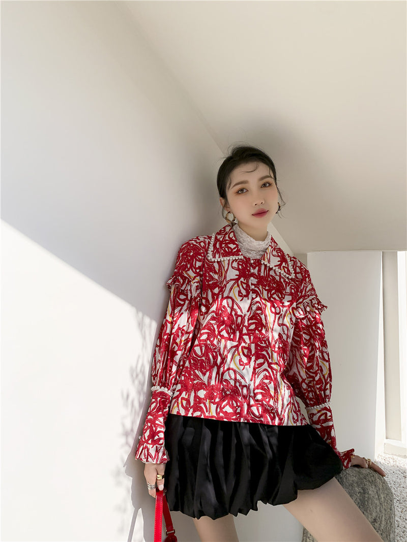 women's retro red floral print shirt, view 5 - MRSLM