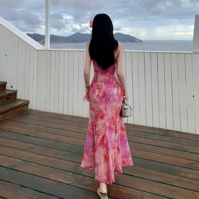 rose red printed long dress, view 4 - MRSLM