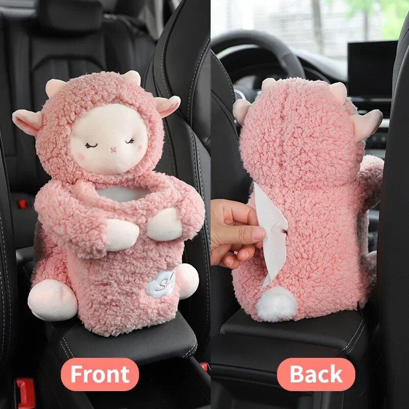 Plush car organizer with tissue box and trash bin, view 5 - MRSLM