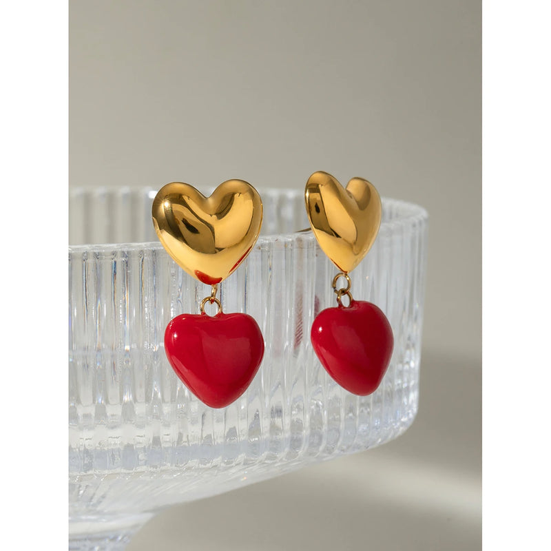18K gold plated red heart pendant earrings, view 5 - MRSLM