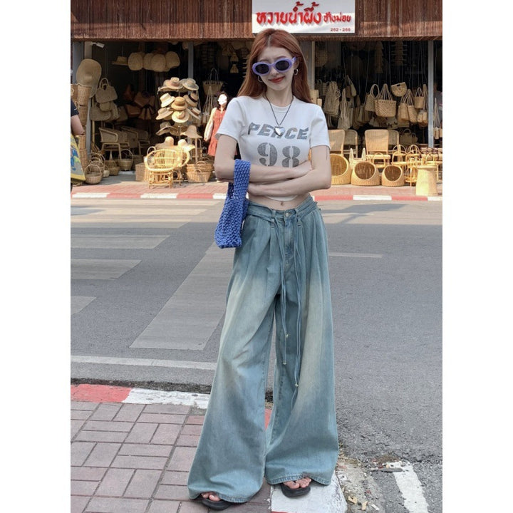 Women's Fashion Water Drawstring Loose Wide Leg Jeans