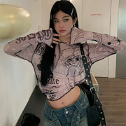 women's pink printed long sleeve cropped t-shirt - MRSLM
