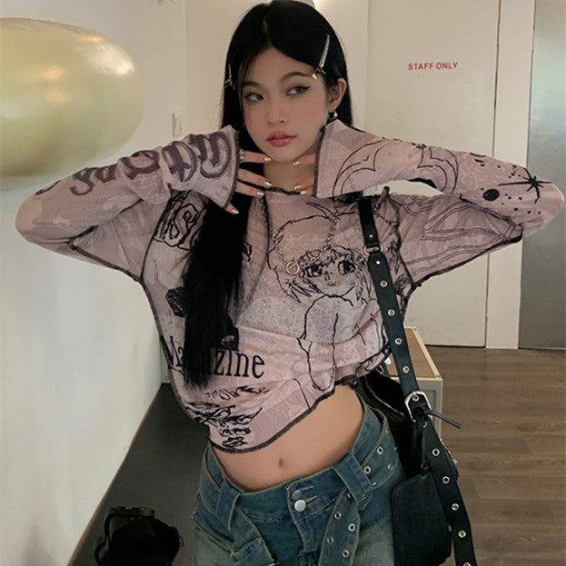 women's pink printed long sleeve cropped t-shirt - MRSLM