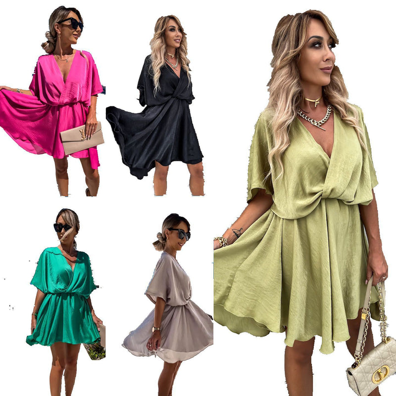 v-neck satin loose casual dress, view 5 - MRSLM