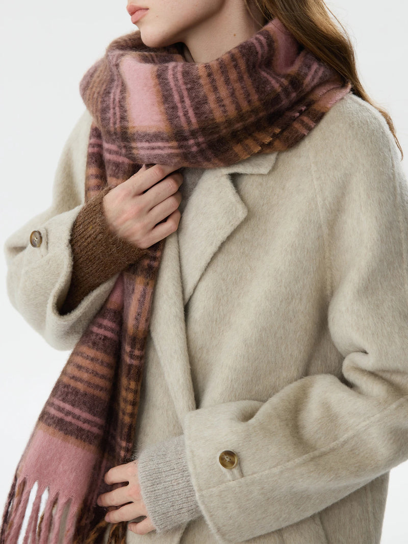 pink plaid tassel scarf, view 5 - MRSLM