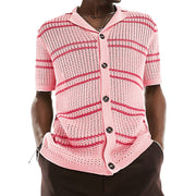 men's knitted lapel short sleeve hollow cardigan, view 6 - MRSLM