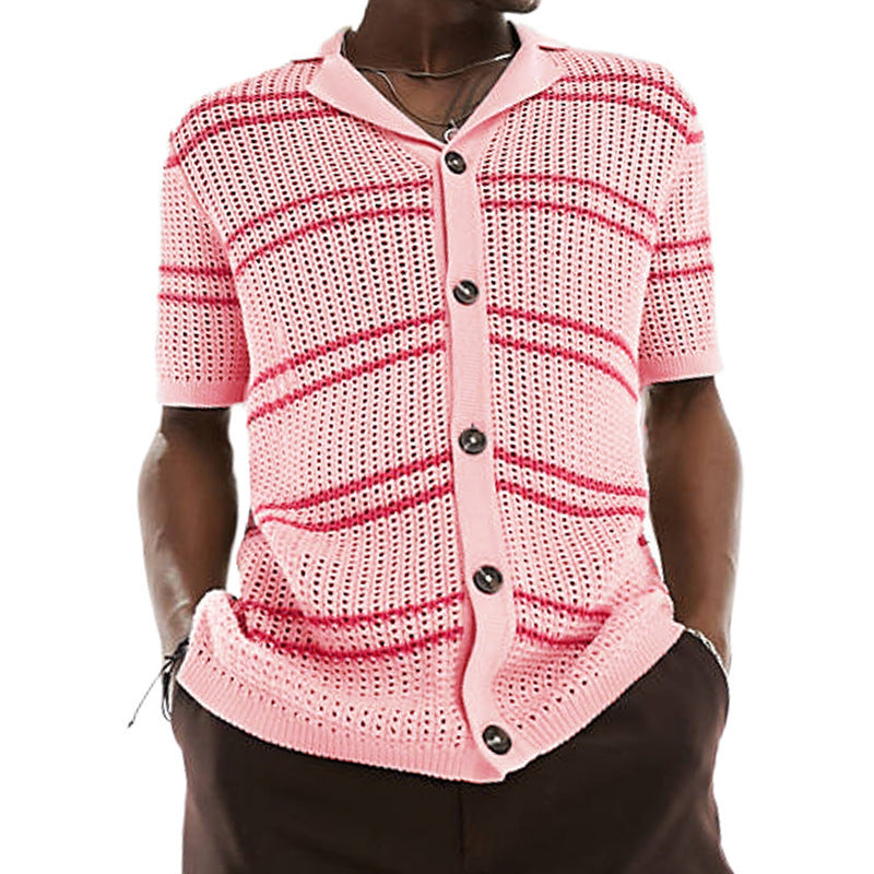 men's knitted lapel short sleeve hollow cardigan, view 6 - MRSLM