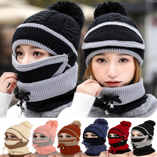 Women's 3-piece pom-pom beanie, mask and neck warmer set - MRSLM
