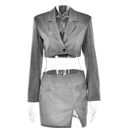 cutout v-neck shiny knit top and split skirt set, view 9 - MRSLM