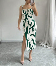 Printed suspender split dress with lace-up waist, view 11 - MRSLM